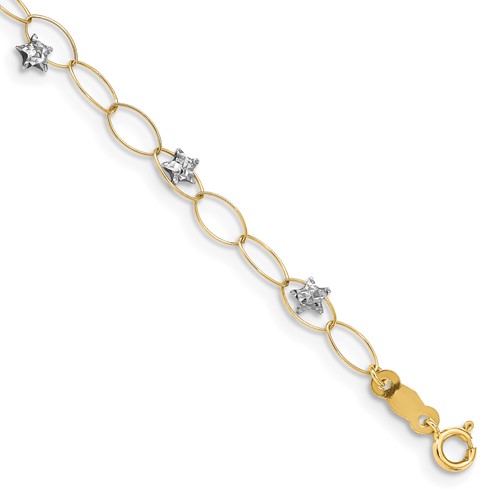 14k Two-tone Diamond-cut Puffed Stars and Oval Link 7.25 inch Bracelet