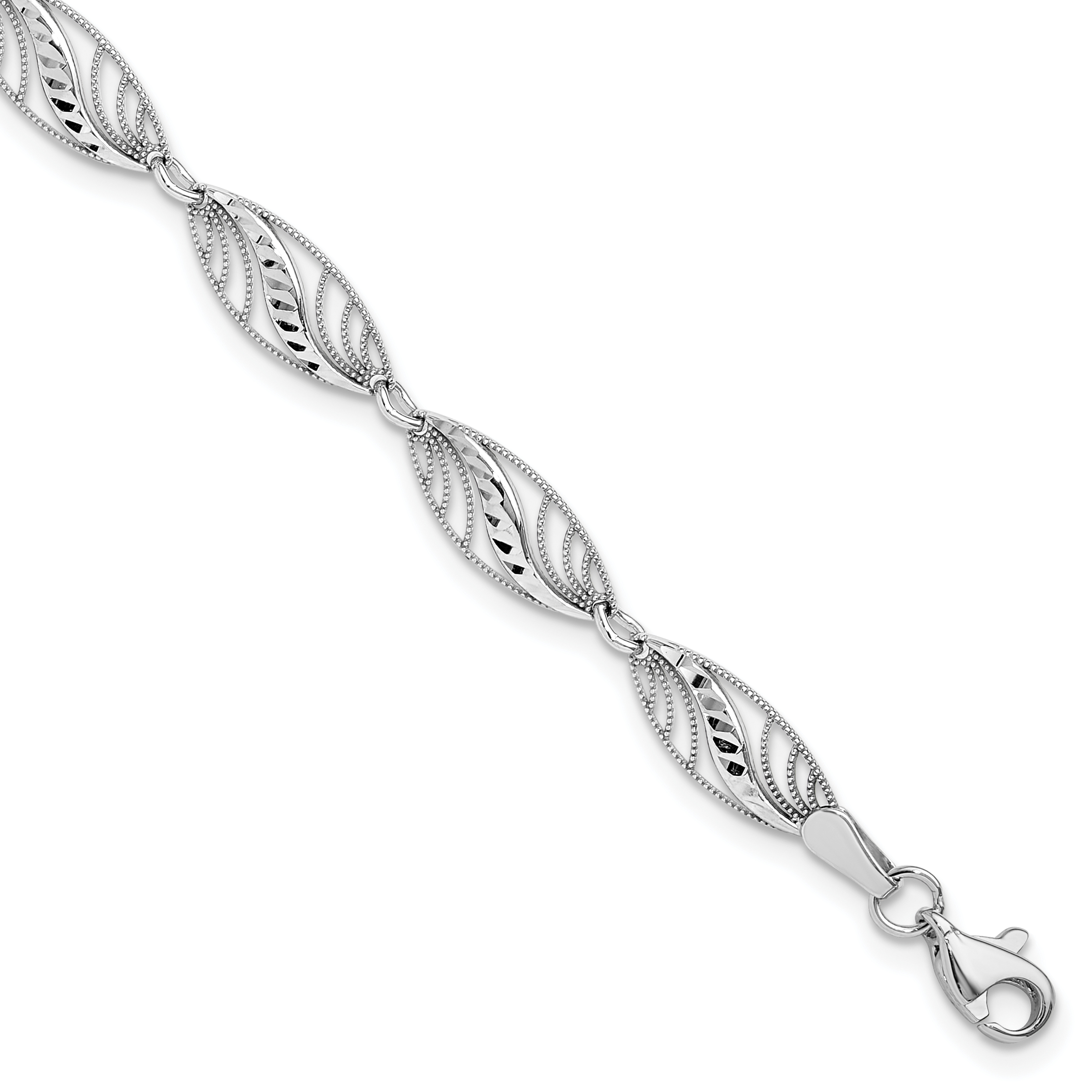 14k White Gold Oval Filigree Diamond-cut 7.25 inch Bracelet (FB1336-7.25)