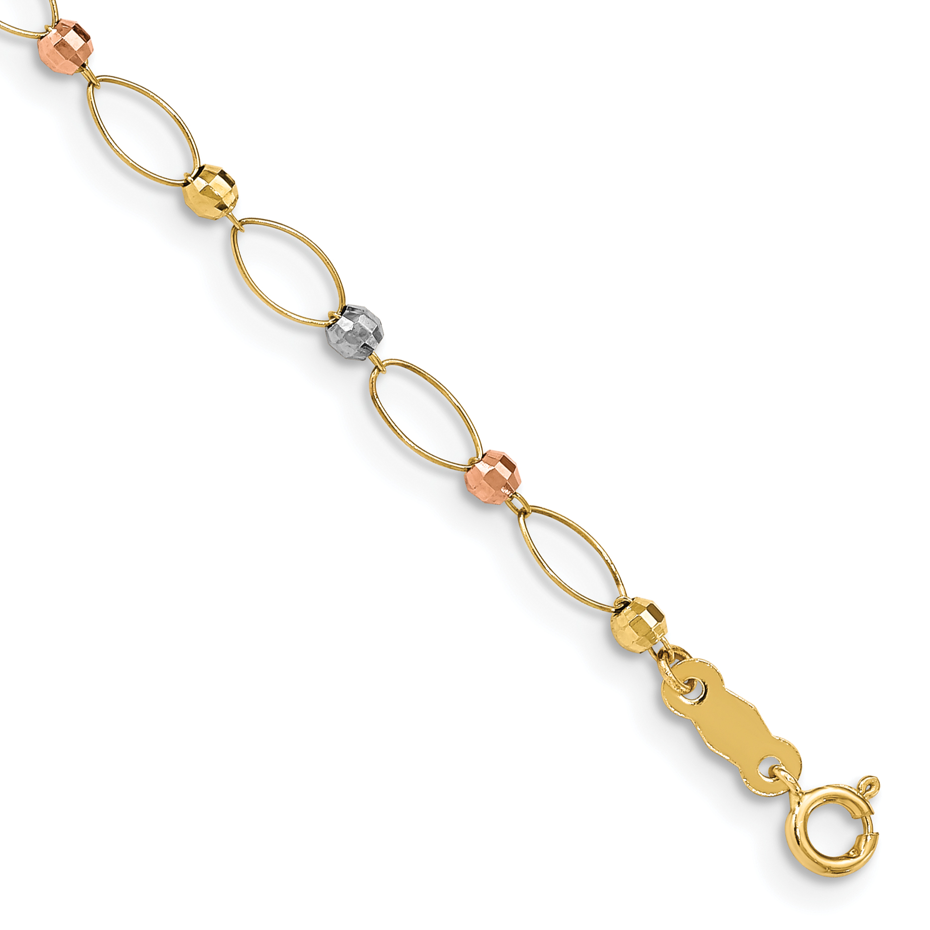 14K Tri-color Oval Link with Mirror Beads 7 inch Bracelet (FB1347-7.5)