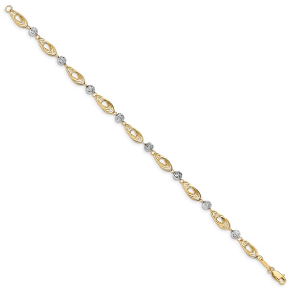 14K Two-tone Oval Links with Diamond-cut Beads 7.25 inch Bracelet