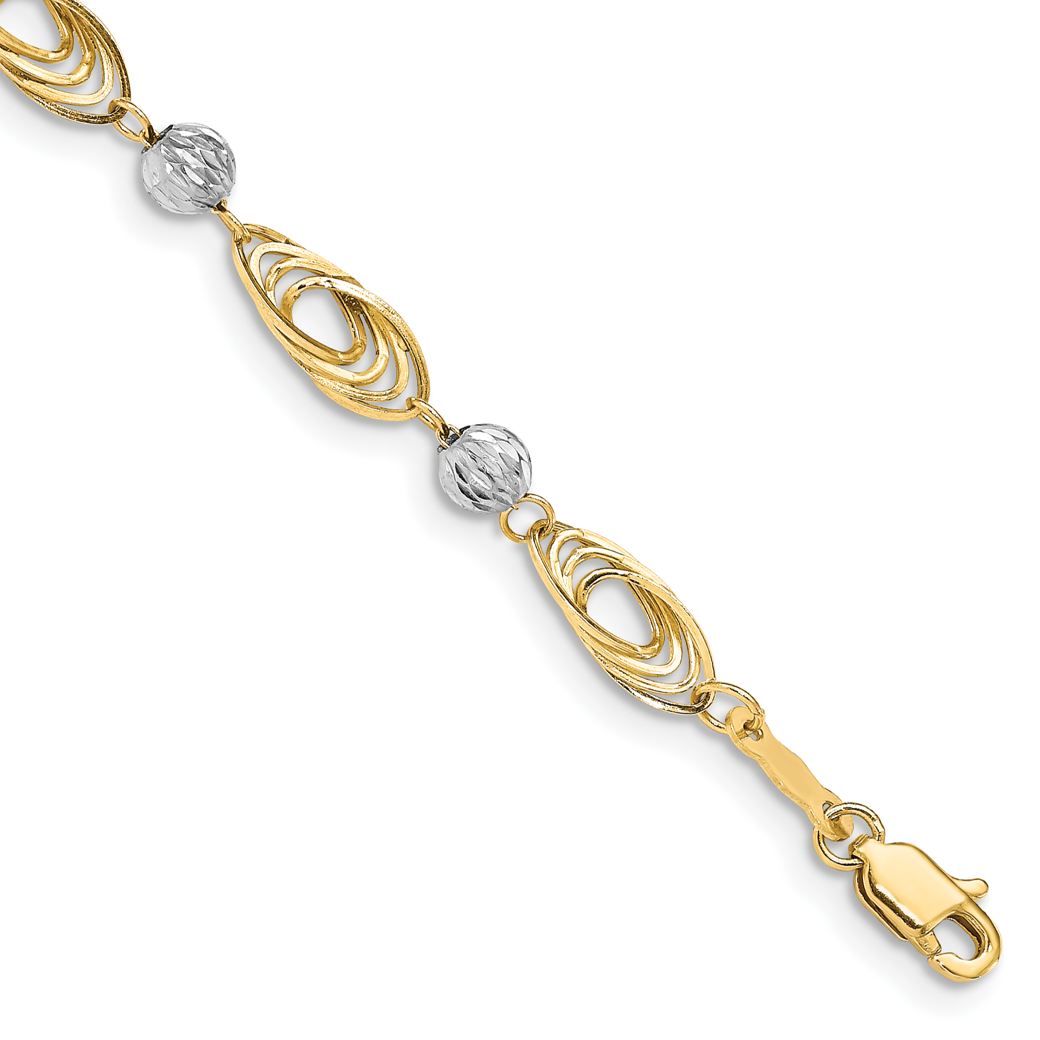 14K Two-tone Oval Links with Diamond-cut Beads 7.25 inch Bracelet (FB1349-7.25)