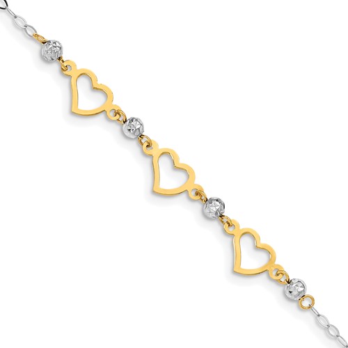 14K Two-tone Hearts and Diamond-cut Beads Bracelet, 7.5"