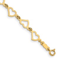 14K Yellow Gold Polished Flat Open Hearts Bracelet, 7.5" view 1