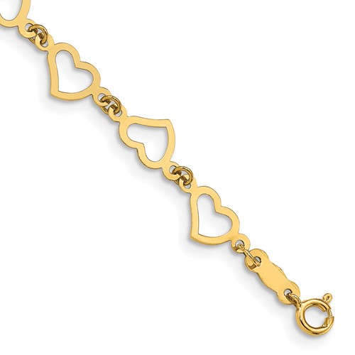 14K Yellow Gold Polished Flat Open Hearts Bracelet, 7.5"
