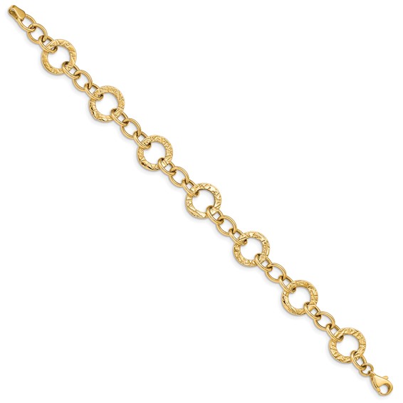 14k Polished and Textured 12mm Fancy Circle Link 7.25 inch Bracelet