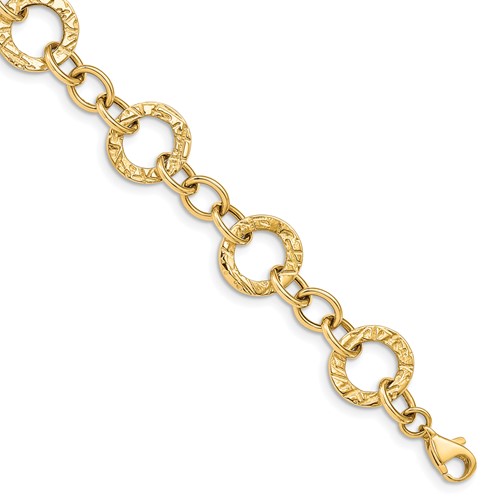 14K Yellow Gold Polished and Textured 12mm Fancy Circle Link Bracelet, 7.25"