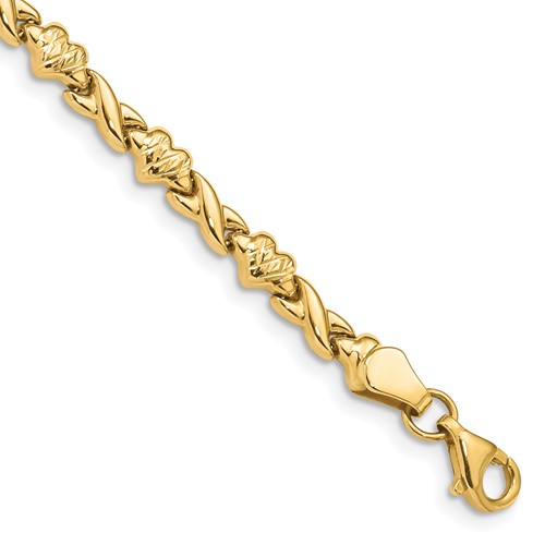 14K Yellow Gold Polished Diamond-cut X-and-Heart Bracelet, 7"