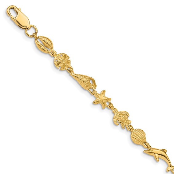 14K Polished and Textured Sea Life 7.25 inch Bracelet
