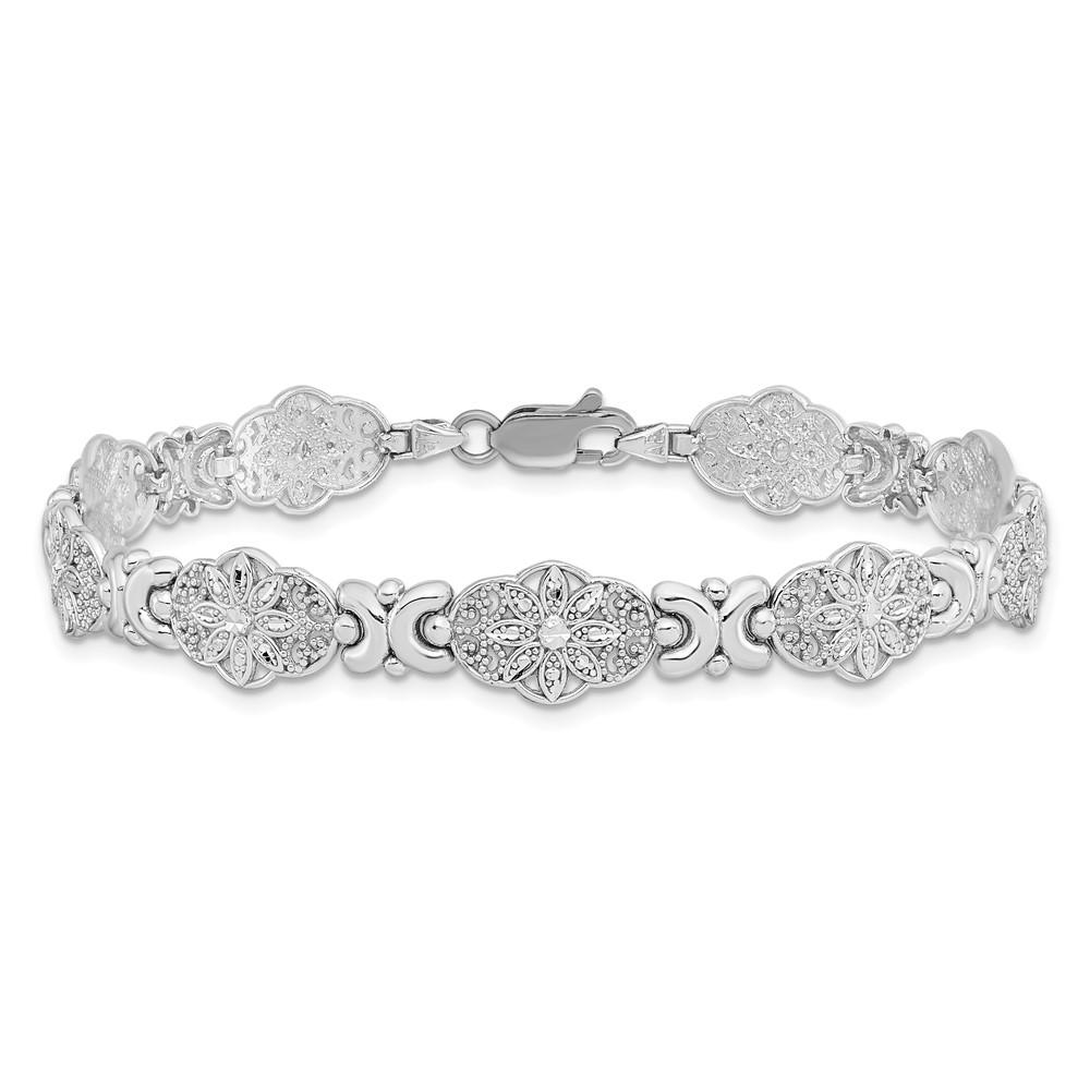14K White Gold Polished and Textured Fancy Floral Link 7.5 inch Bracelet (FB1449W-7.5)