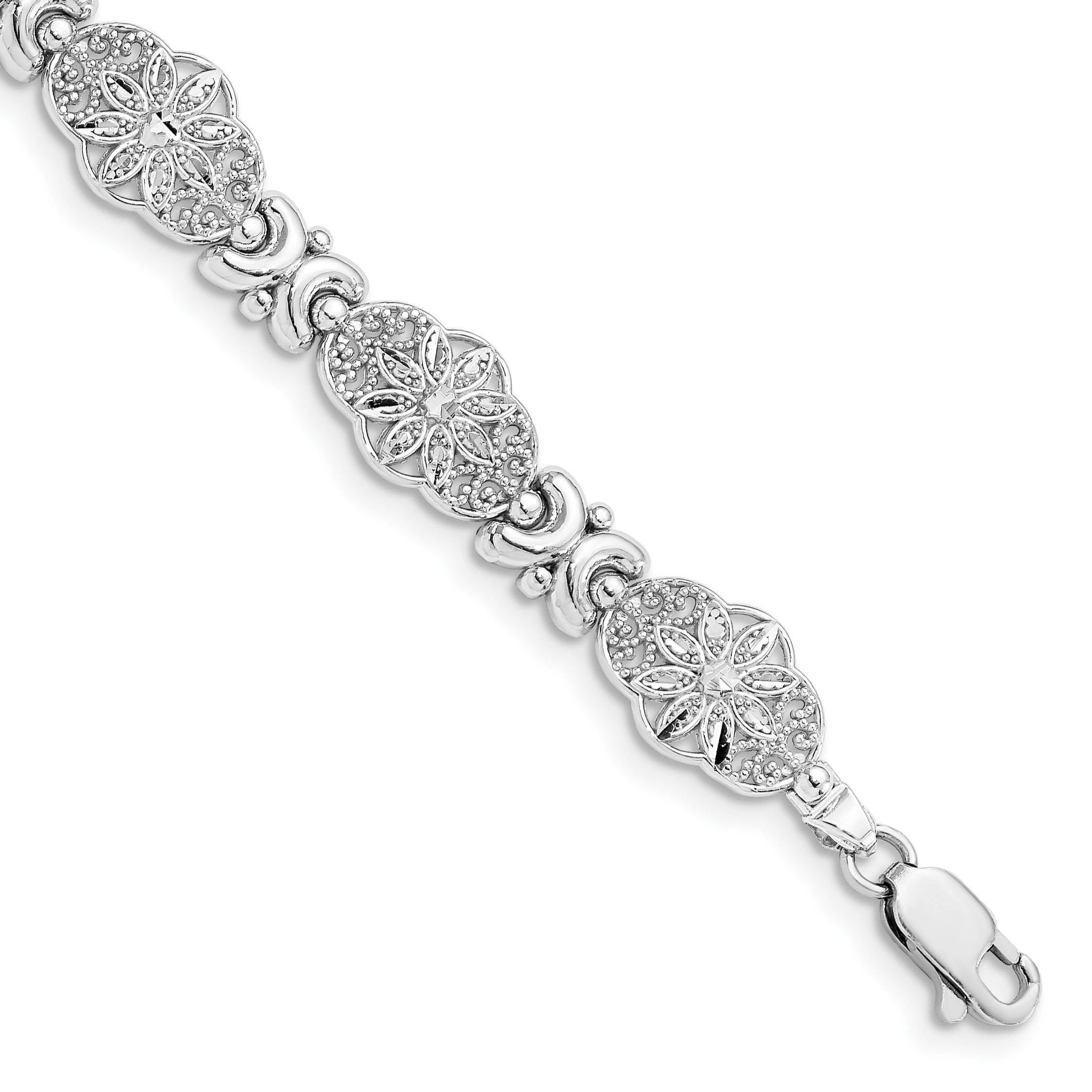 14K White Gold Polished and Textured Fancy Floral Link 7.5 inch Bracelet (FB1449W-7.5)