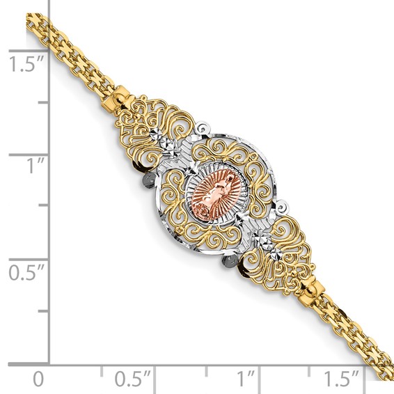 14k Two-tone with White Rhodium Our Lady of Guadalupe and Bismark Chain 7 inch Bracelet