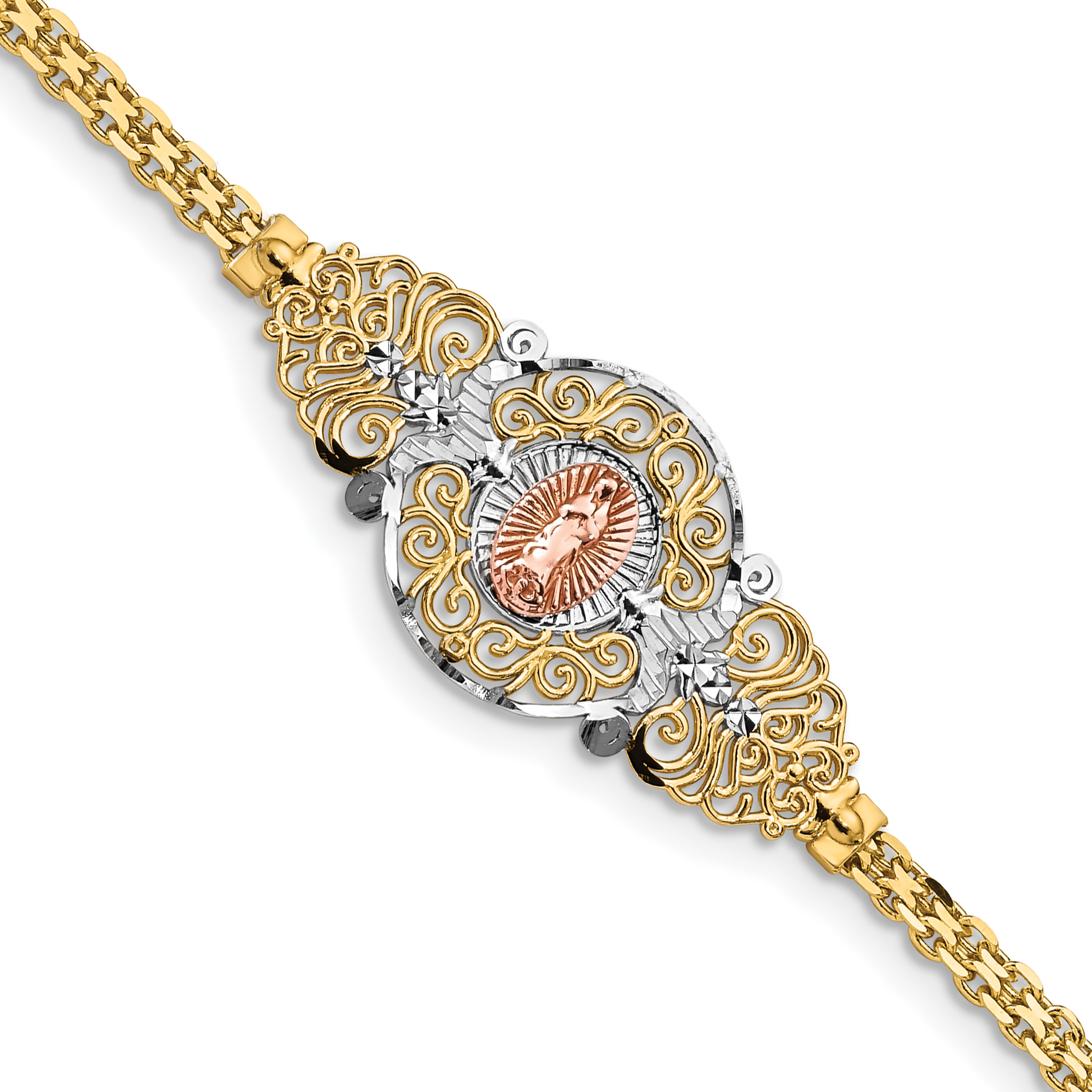 14k Two-tone with White Rhodium Our Lady of Guadalupe and Bismark Chain 7 inch Bracelet (FB1455-7)