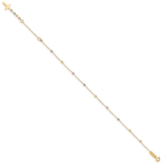 14K Tri-color Diamond-cut Beaded 7 inch Bracelet Plus 1 inch Cross Extender
