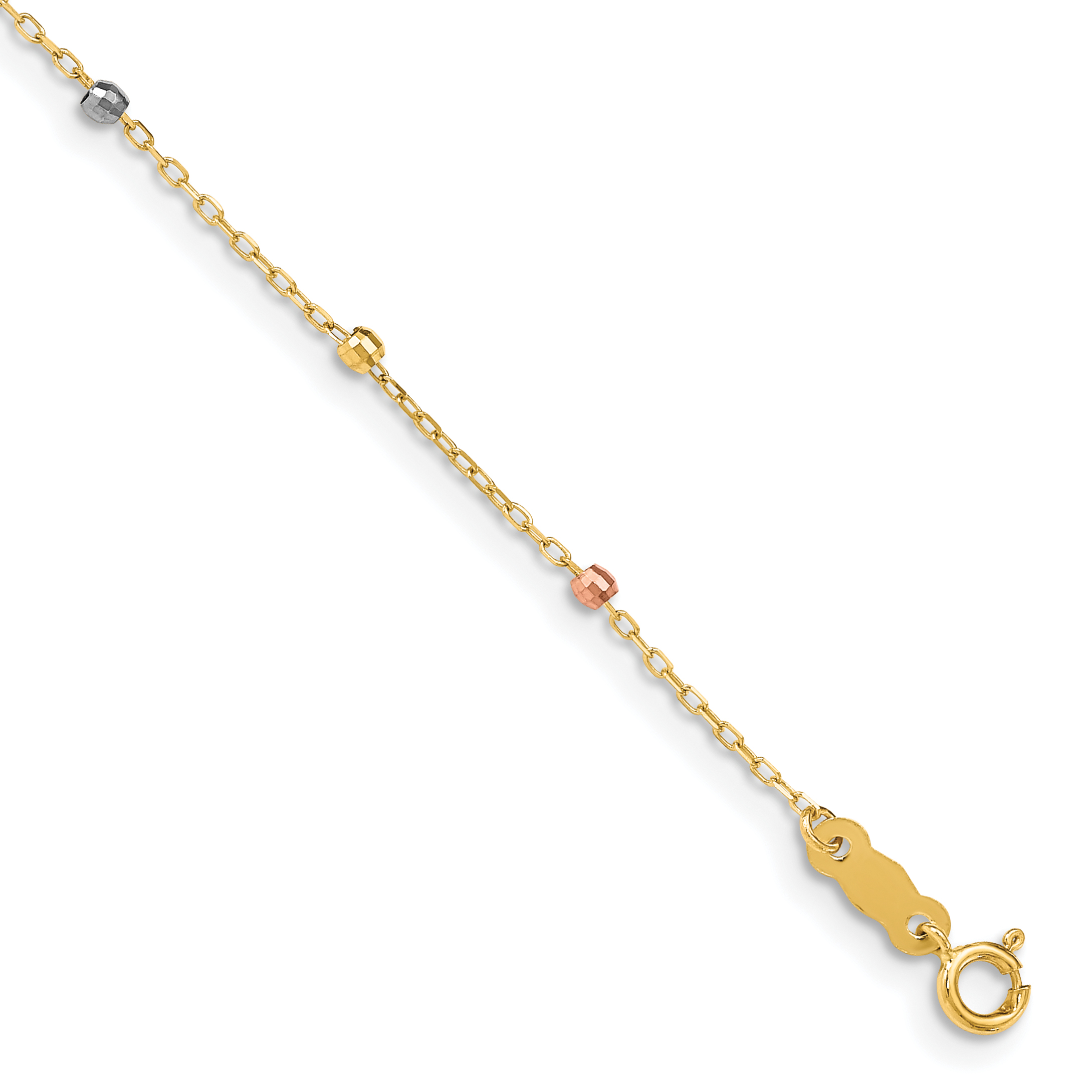 14K Tri-color Diamond-cut Beaded 7 inch Bracelet Plus 1 inch Cross Extender (FB1456-7)