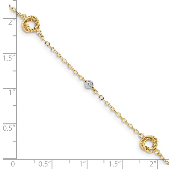 14k Two-tone Love Knots and Beads on Small Heart Link 7.5 inch Bracelet