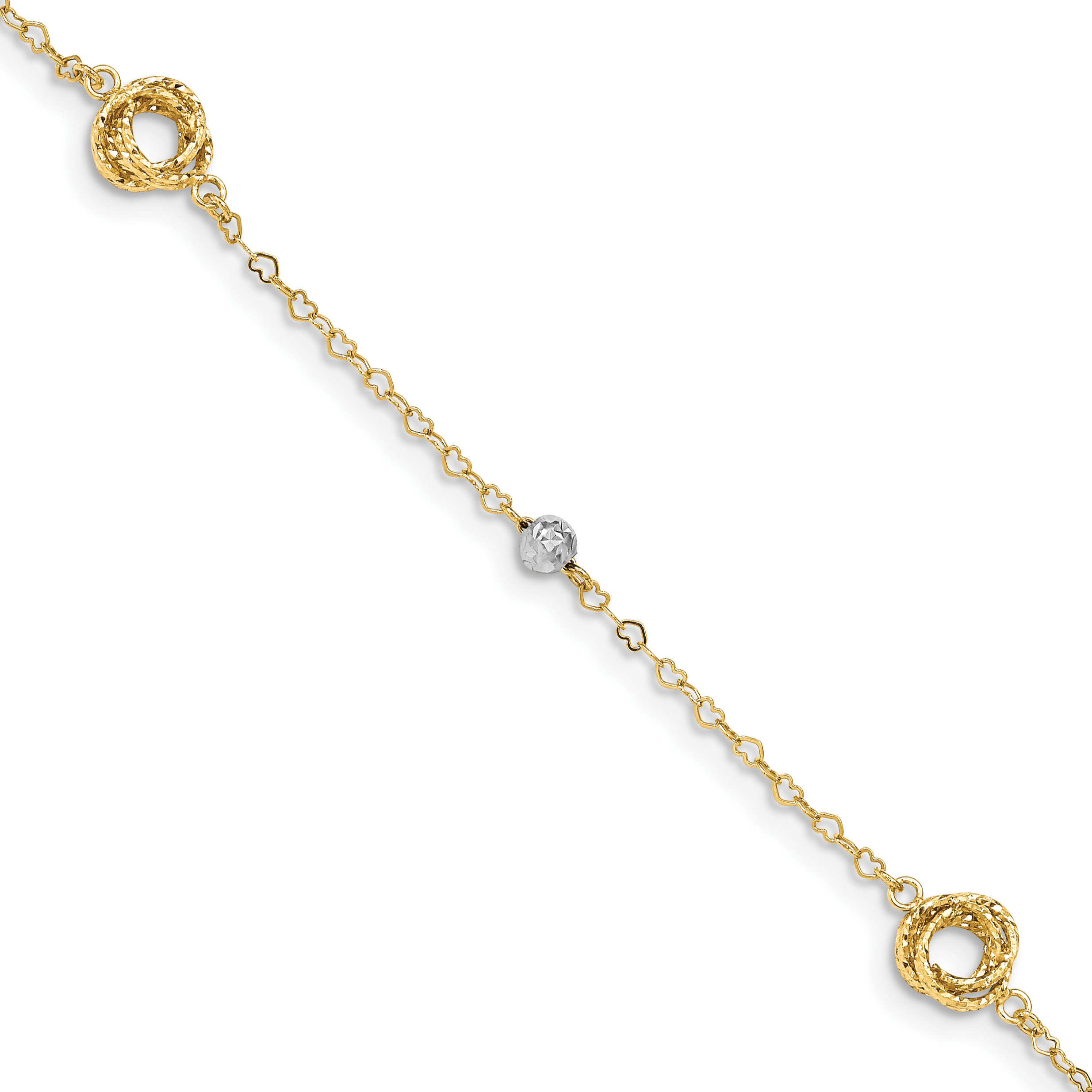 14k Two-tone Love Knots and Beads on Small Heart Link 7.5 inch Bracelet (FB1466-7.5)