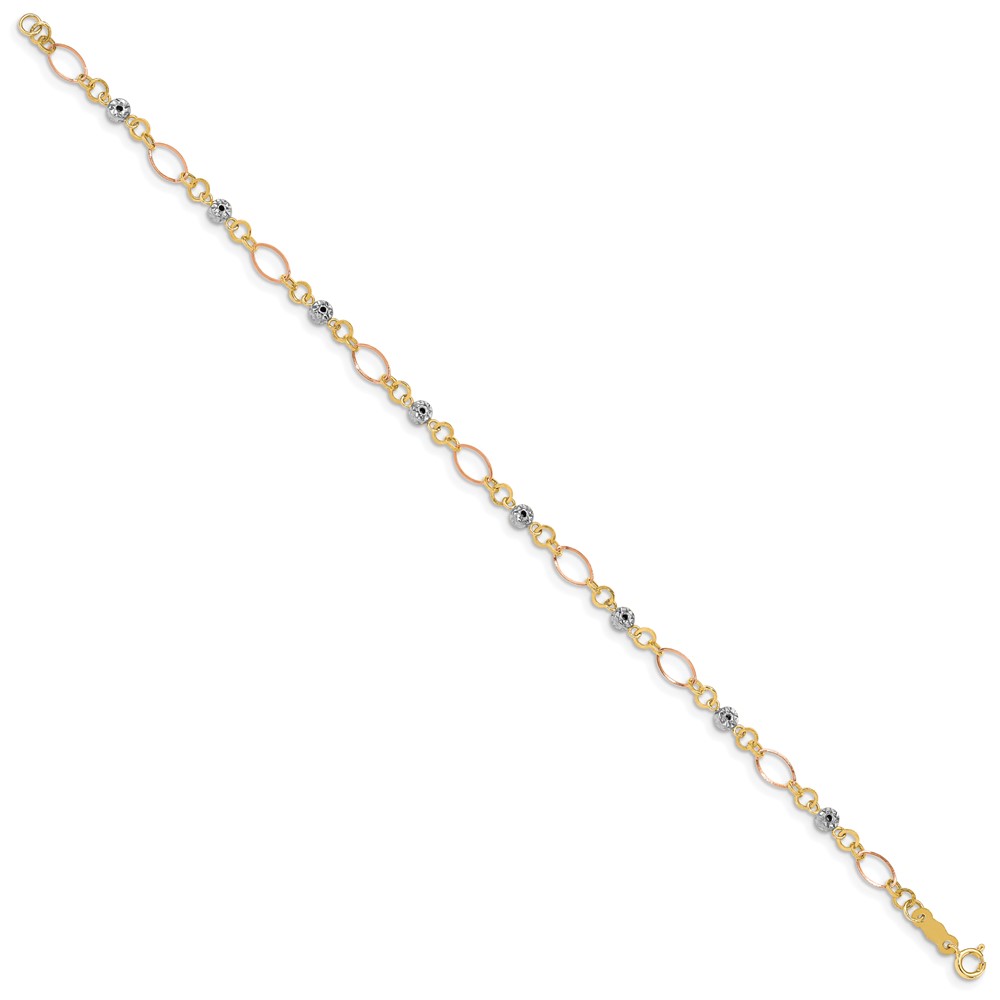 14k Tri-color Polished Diamond-cut Ovals and Donut Beads 7.5 inch Bracelet (FB1467Y/W/R-7.5)