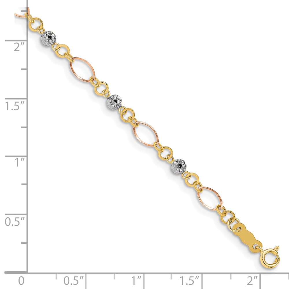 14k Tri-color Polished Diamond-cut Ovals and Donut Beads 7.5 inch Bracelet (FB1467Y/W/R-7.5)