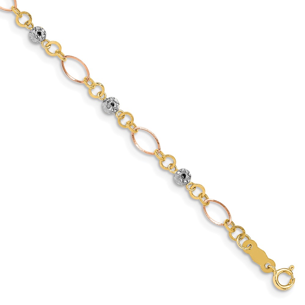 14k Tri-color Polished Diamond-cut Ovals and Donut Beads 7.5 inch Bracelet (FB1467Y/W/R-7.5)
