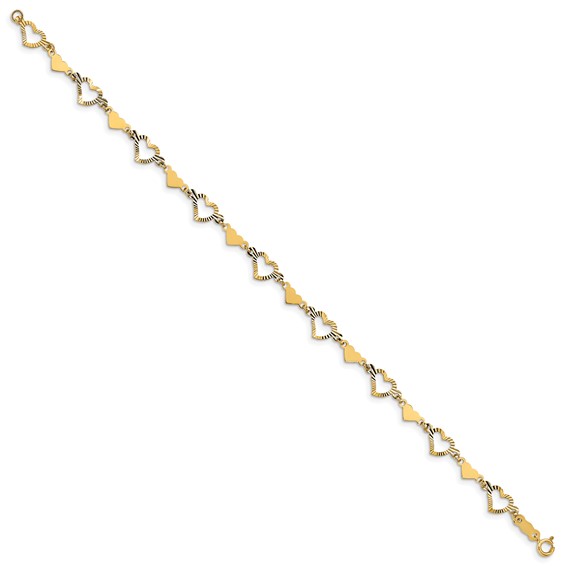 14k Diamond-cut Open and Polished Hearts 7.5 inch Bracelet