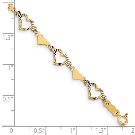 14k Diamond-cut Open and Polished Hearts 7.5 inch Bracelet