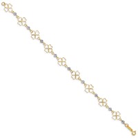 14K Two-tone Diamond-cut Open 4-Leaf Clovers and Beads Bracelet, 7.5" view 2