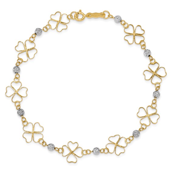 14k Two-tone Diamond-cut Open 4-Leaf Clovers and Beads 7.5 inch Bracelet
