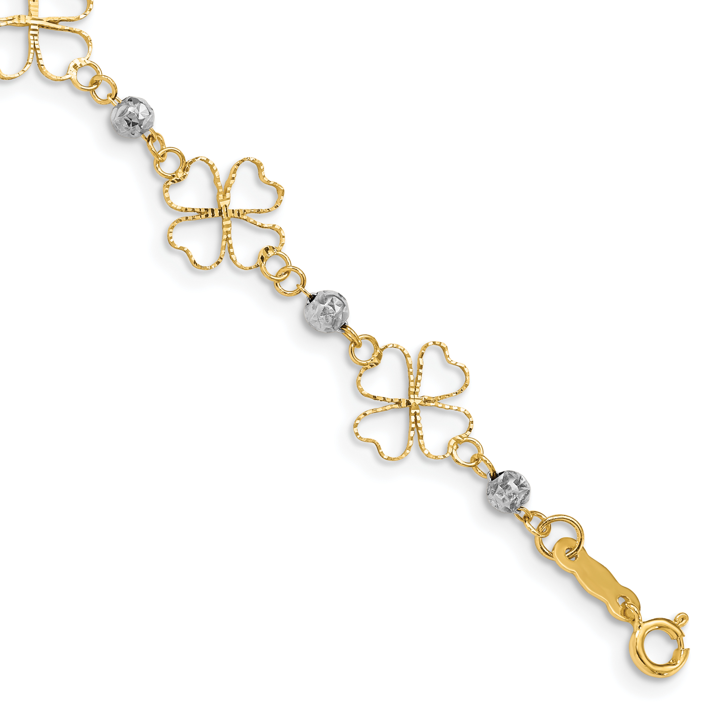 14k Two-tone Diamond-cut Open 4-Leaf Clovers and Beads 7.5 inch Bracelet (FB1492-7.5)