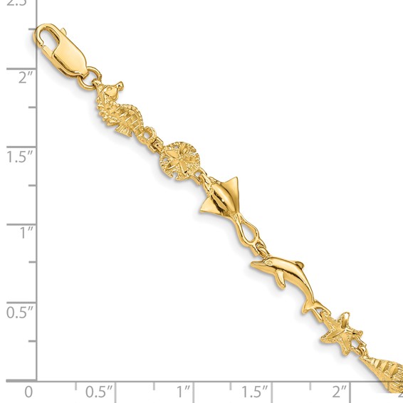 14k Polished and Textured Ocean Motif 7 inch Bracelet