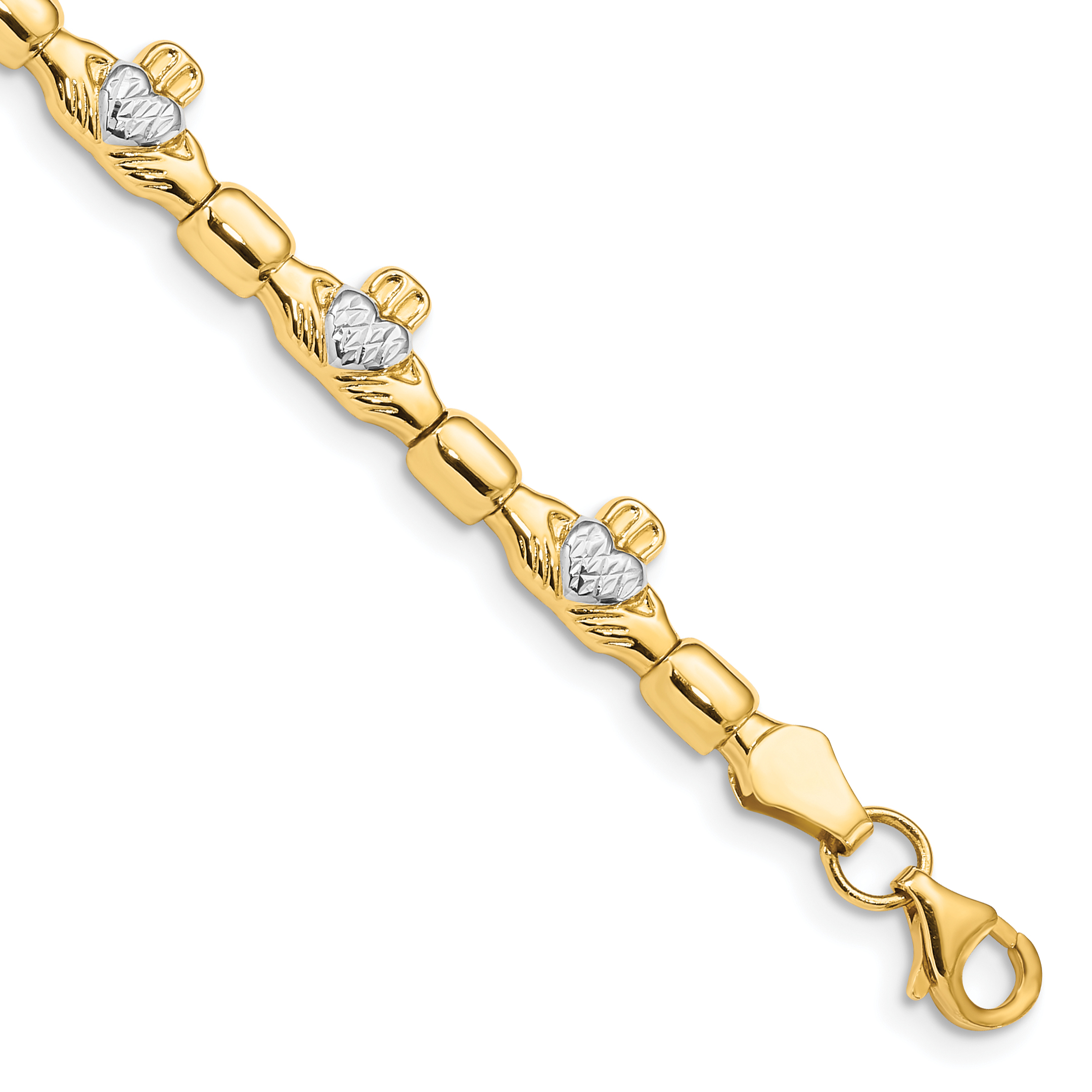 14K with White Rhodium Diamond-cut Claddagh Polished Link 7.25 inch Bracelet (FB1496-7.25)
