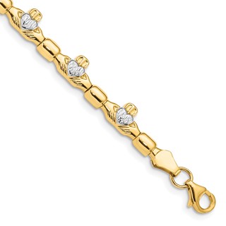 14K with White Rhodium Diamond-cut Claddagh Polished Link 7.25 inch Bracelet
