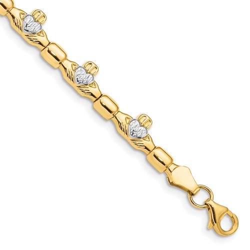14K Bracelet with White Rhodium Diamond-cut Claddagh Polished Link, 7.25"