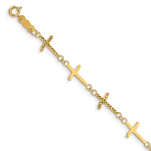14K Yellow Gold Polished and Diamond-cut Crosses Bracelet Plus 1 Inch Extender, 7"