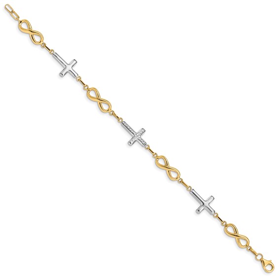 14K with White Rhodium Polished Cross and Infinity Symbol Link 7.25 inch Bracelet