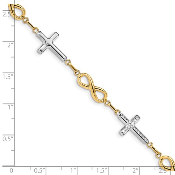 14K with White Rhodium Polished Cross and Infinity Symbol Link 7.25 inch Bracelet