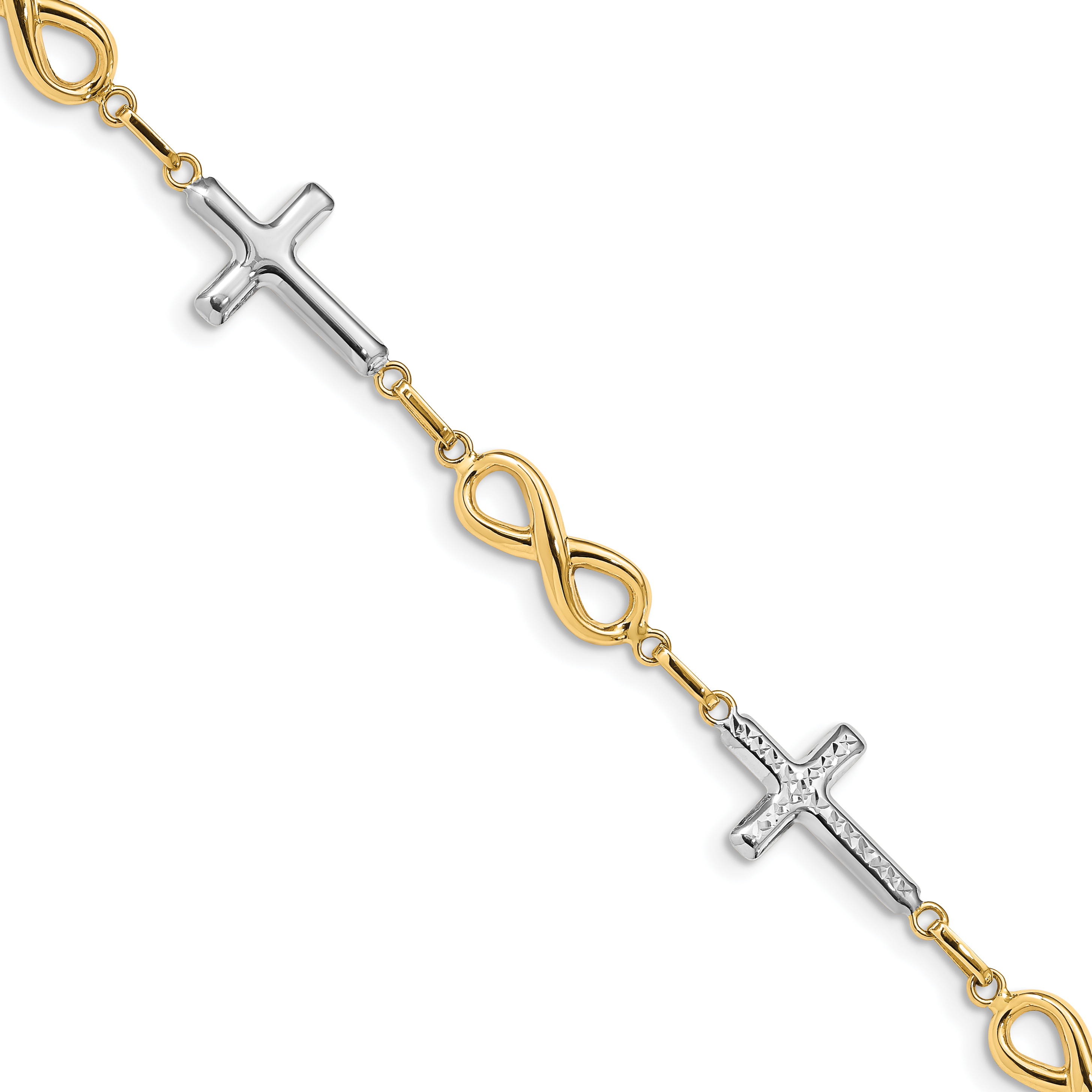 14K with White Rhodium Polished Cross and Infinity Symbol Link 7.25 inch Bracelet (FB1500-7.25)