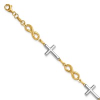 14K Bracelet with White Rhodium Polished Cross and Infinity Symbol Link, 7.25" view 1