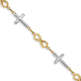 14K with White Rhodium Polished Cross and Infinity Symbol Link 7.25 inch Bracelet