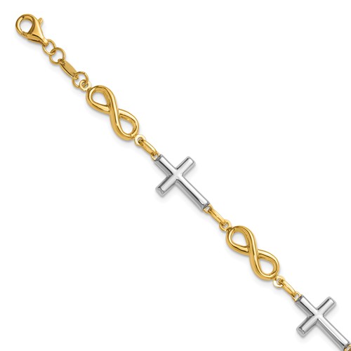 14K Bracelet with White Rhodium Polished Cross and Infinity Symbol Link, 7.25"