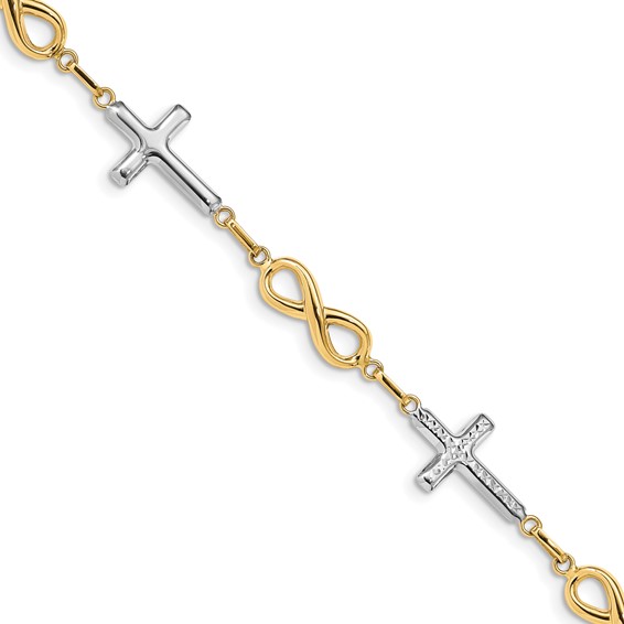 14K with White Rhodium Polished Cross and Infinity Symbol Link 7.25 inch Bracelet