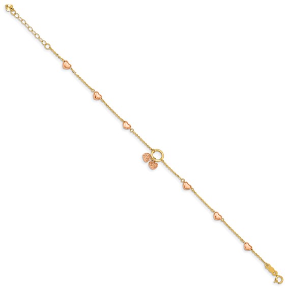 14k Two-tone Diamond-cut and Polished Hearts 7 inch Bracelet Plus 1 inch Heart Dangle Extender