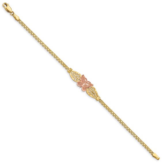 14K Two-tone Polished Diamond-cut Butterfly with Filigree and Bismark Chain 7 inch Bracelet