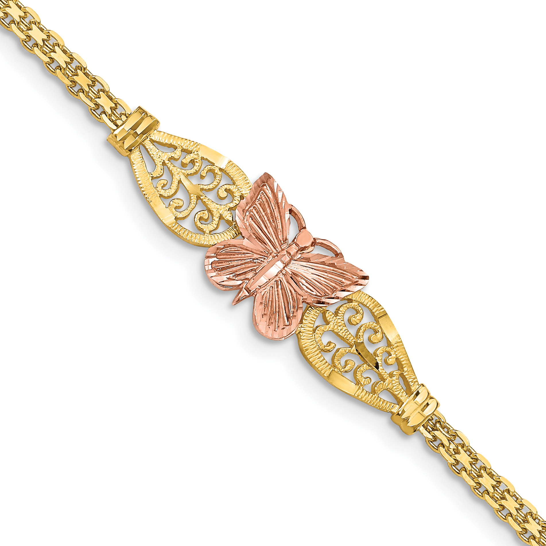 14K Two-tone Polished Diamond-cut Butterfly with Filigree and Bismark Chain 7 inch Bracelet (FB1525-7)