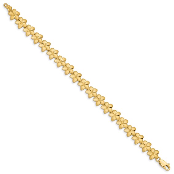 14K Brushed and Diamond-cut Plumeria Floral 7.25 inch Bracelet