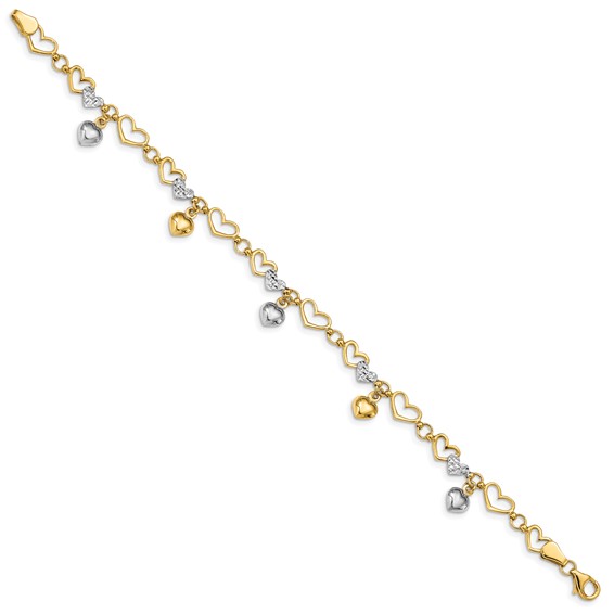 14K and White Rhodium Polished Dangles and Diamond-cut Heart Links 7.25 inch Bracelet