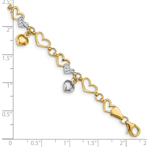 14K and White Rhodium Polished Dangles and Diamond-cut Heart Links 7.25 inch Bracelet