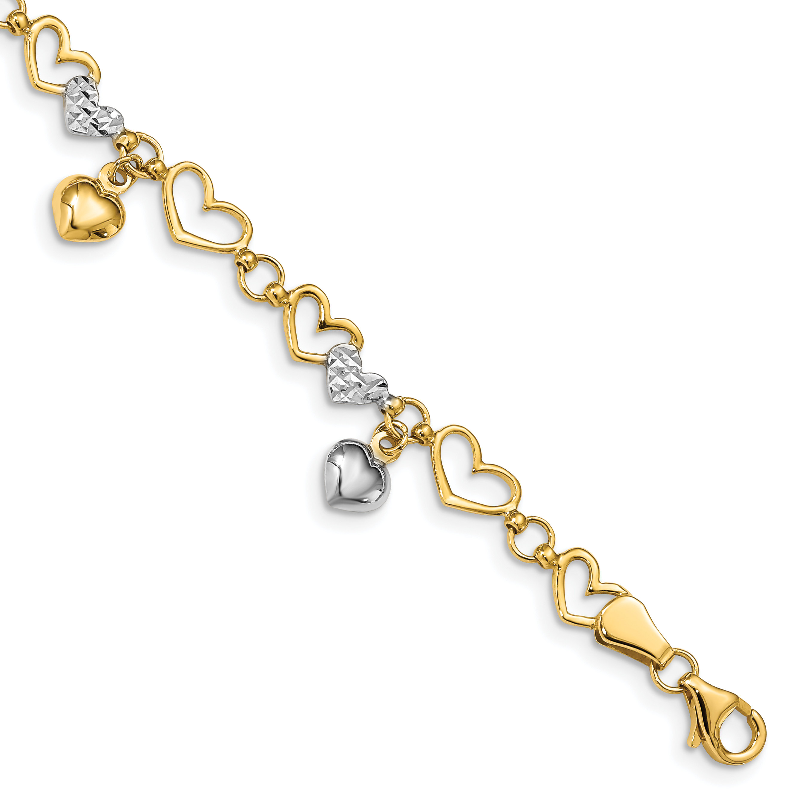 14K and White Rhodium Polished Dangles and Diamond-cut Heart Links 7.25 inch Bracelet (FB1541-7.25)