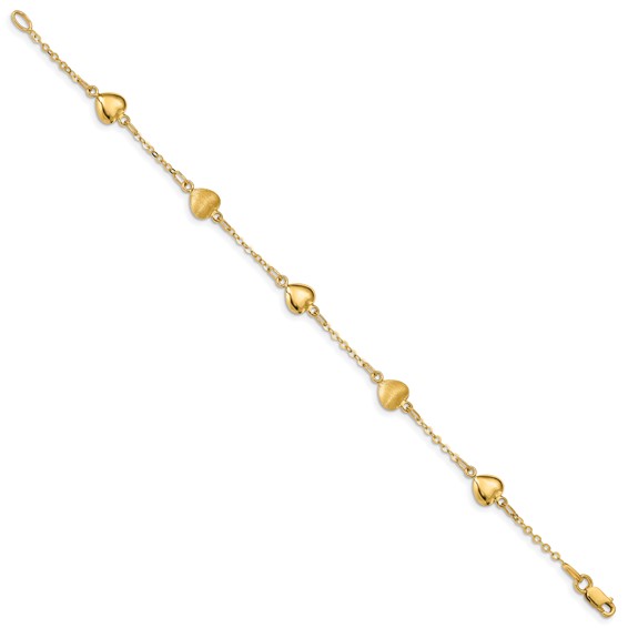 14K Brushed and Polished Puffed Hearts 7 inch Bracelet