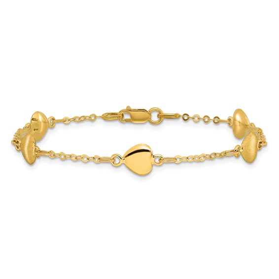 14K Brushed and Polished Puffed Hearts 7 inch Bracelet