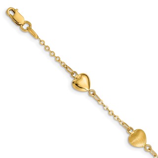 14K Brushed and Polished Puffed Hearts 7 inch Bracelet
